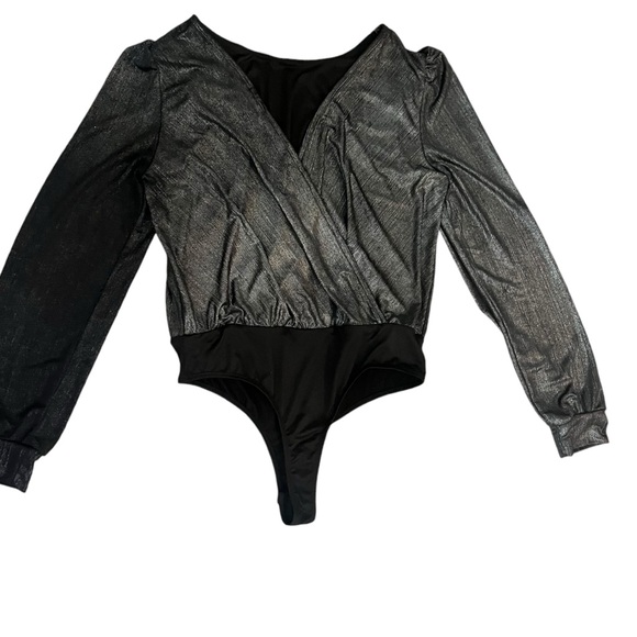 Good Luck Gem  Metallic Wrap Bodysuit with Unique Sleeve Detail – Size Medium - Picture 7 of 12